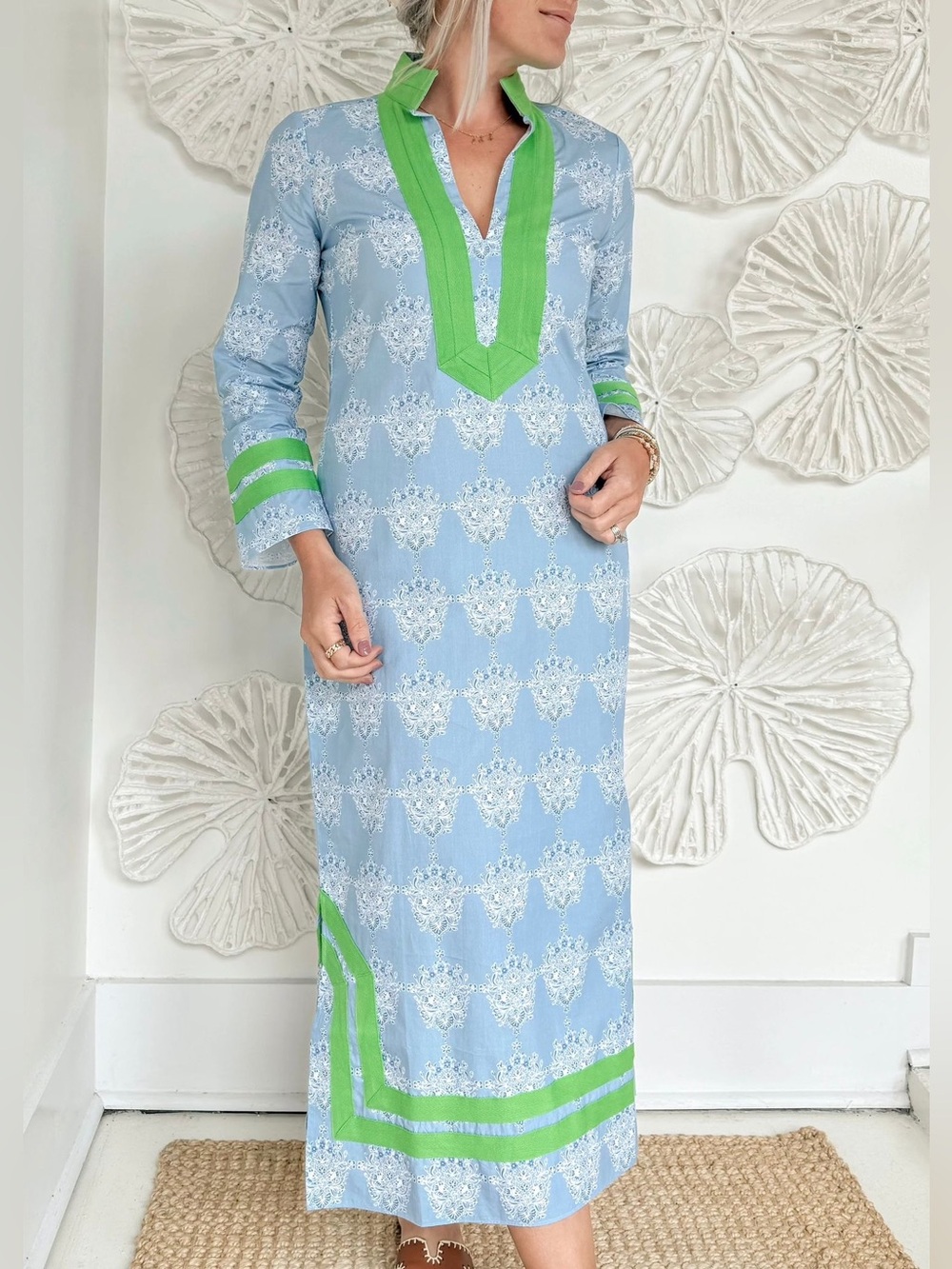Sail To Sable  Blue Green Trim Kaftan Tunic Midi Dress size S